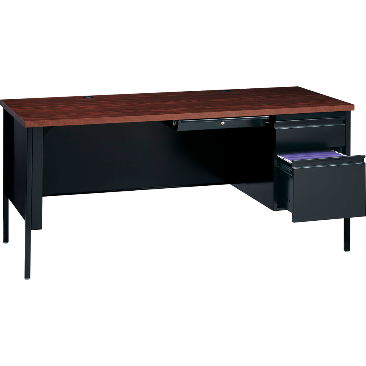 Steel Desk, Single Right Pedestal, 3 Drawers, 66"W x 30"D, Walnut Top w/ Black Frame