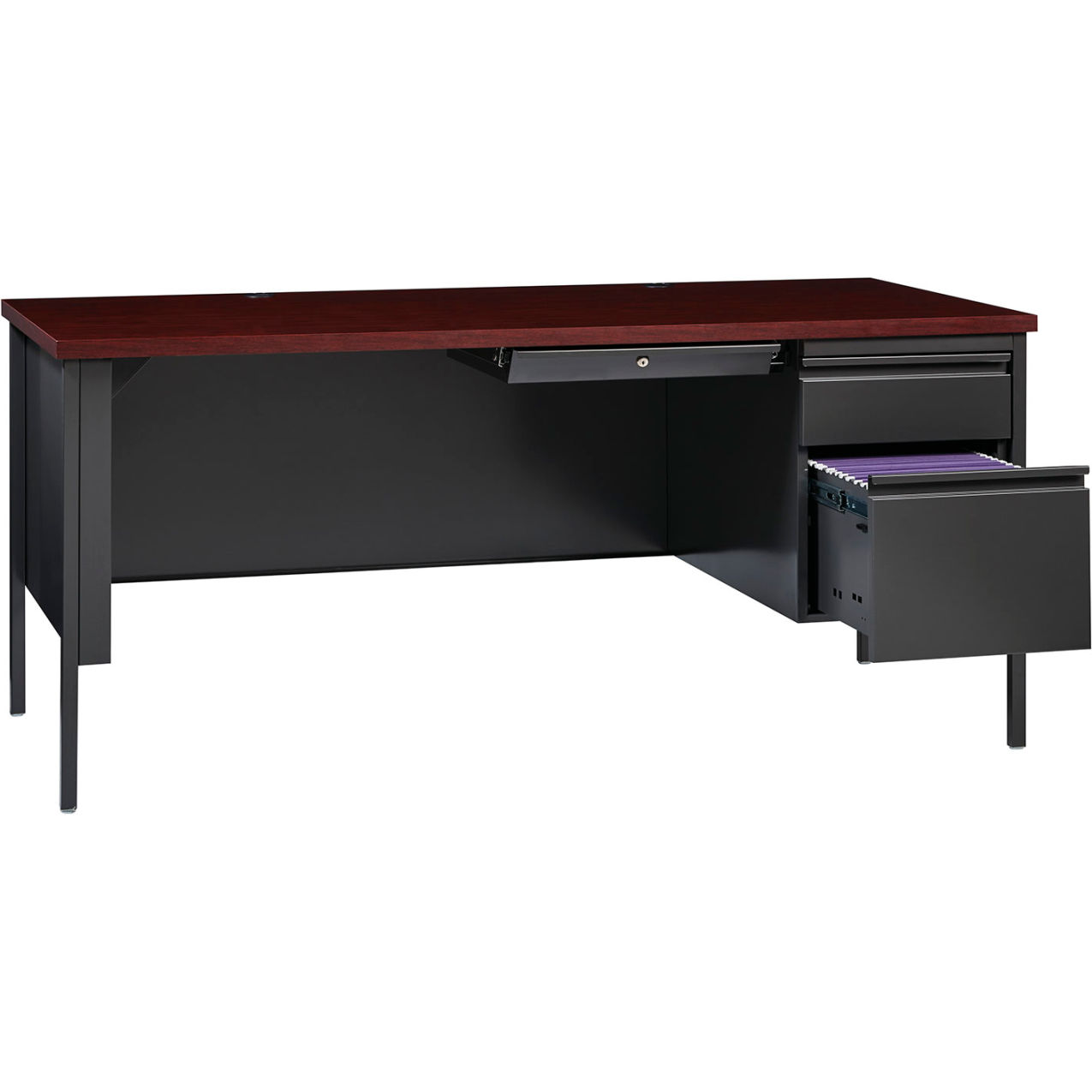 Steel Desk, Single Right Pedestal, 3 Drawers, 66"W x 30"D, Mahogany