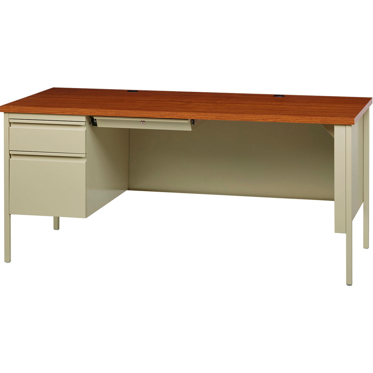Steel Desk, Single Left Pedestal, 3 Drawers, 66"W x 30"D, Oak Top w/ Putty Frame