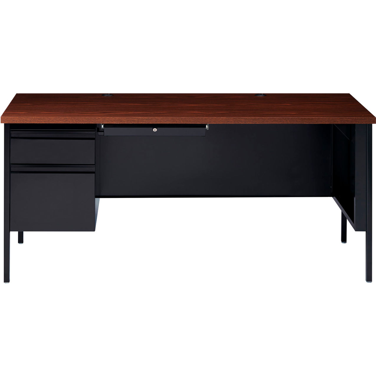 Steel Desk, Single Left Pedestal, 3 Drawers, 66"W x 30"D, Walnut Top w/ Black Frame
