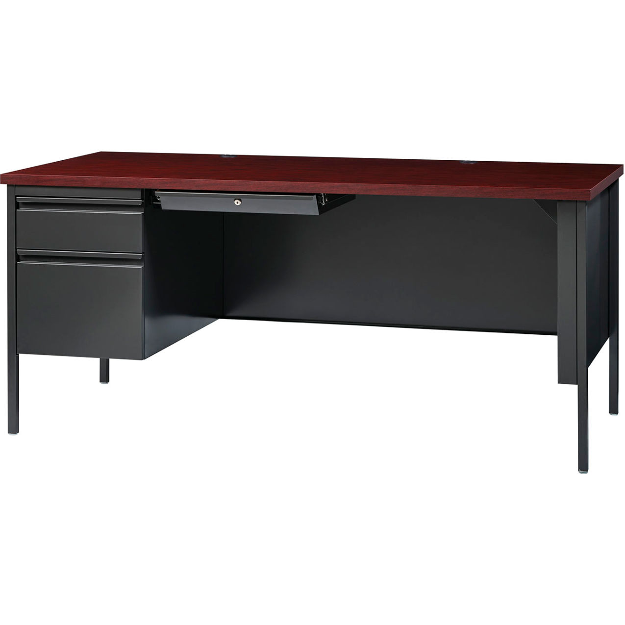 Steel Desk, Single Left Pedestal, 3 Drawers, 66"W x 30"D, Mahogany
