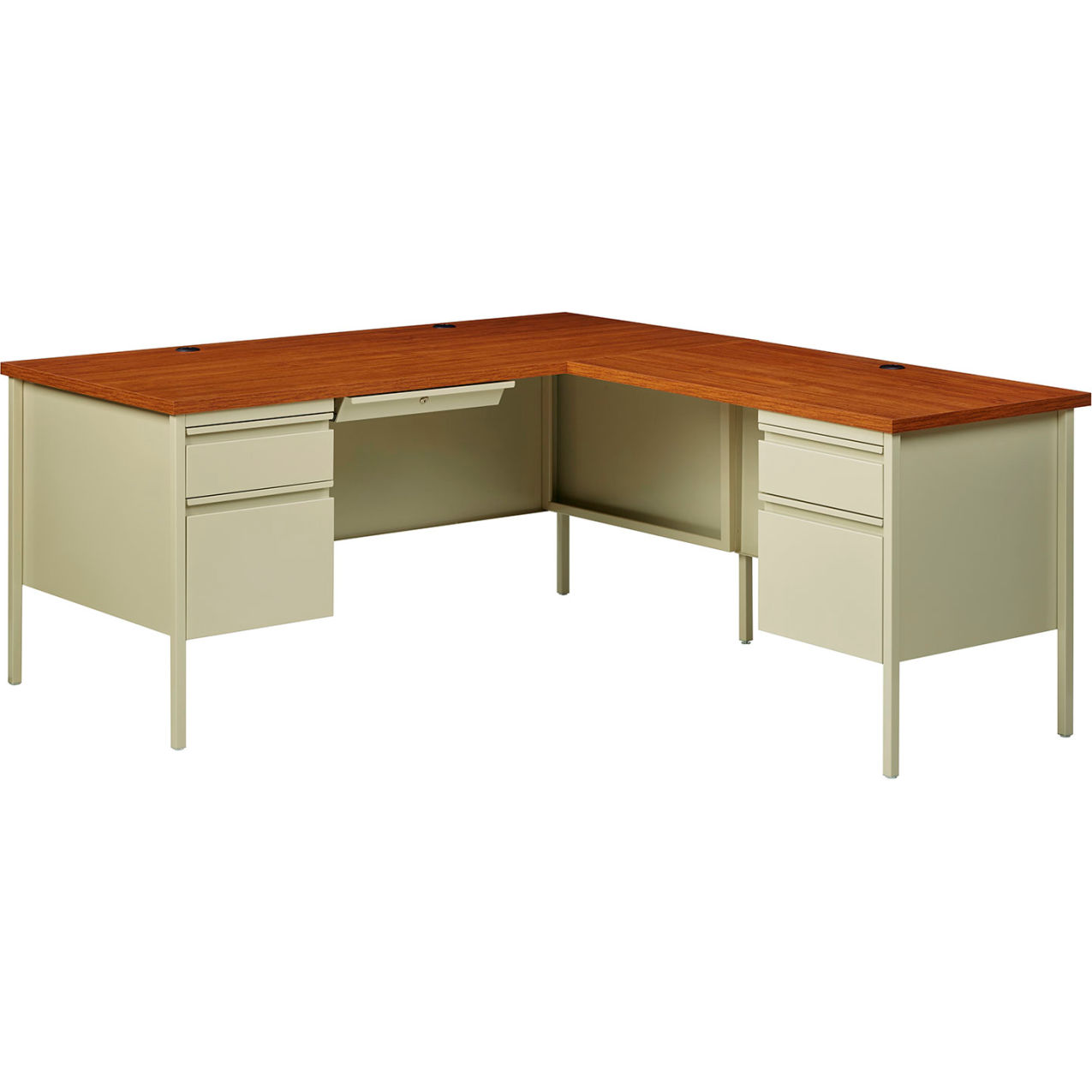 Steel Desk, L Shape w/ Right Return, 72"W x 66"D, Oak Top w/ Putty Frame