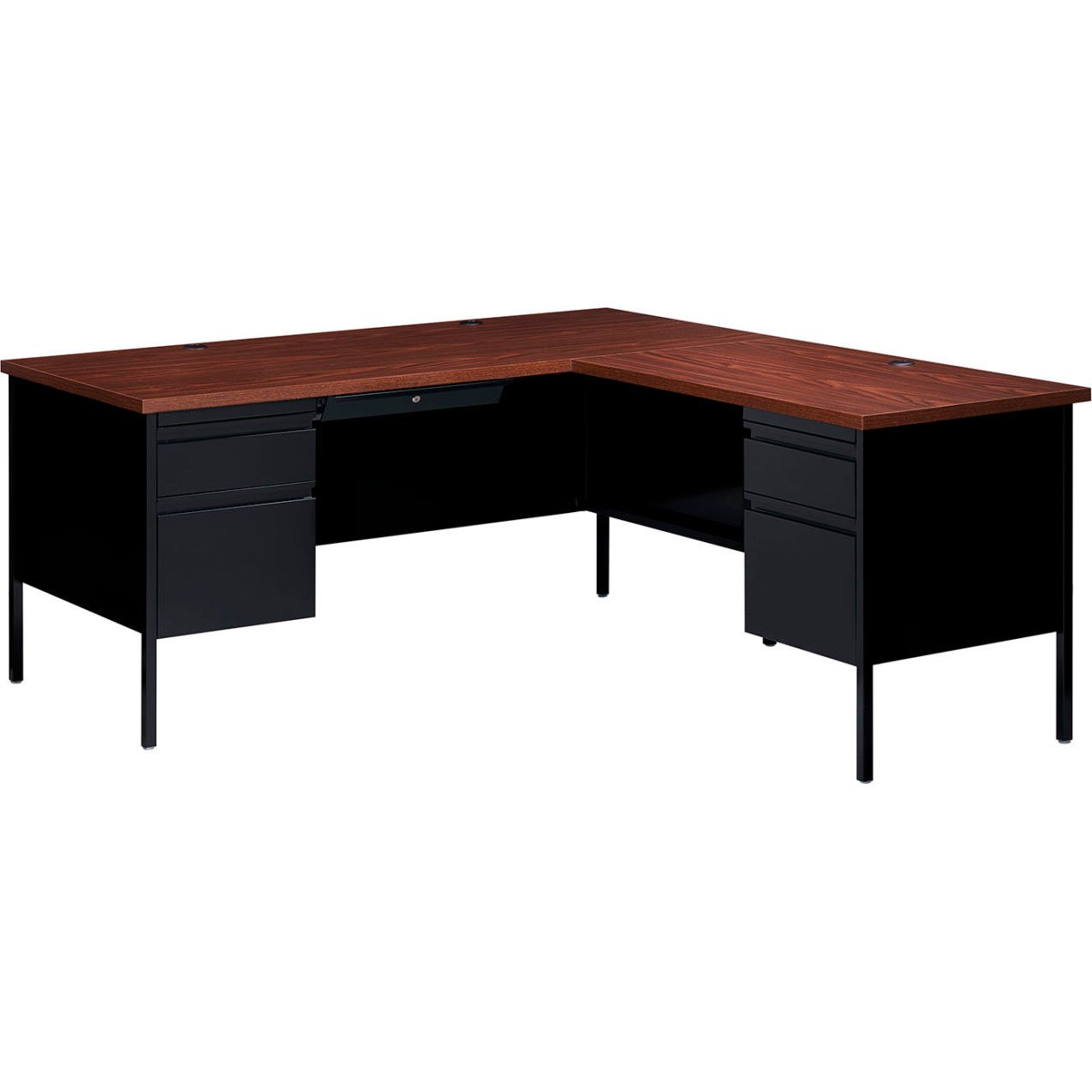 Steel Desk, L Shape w/ Right Return, 72"W x 66"D, Walnut Top w/ Black Frame