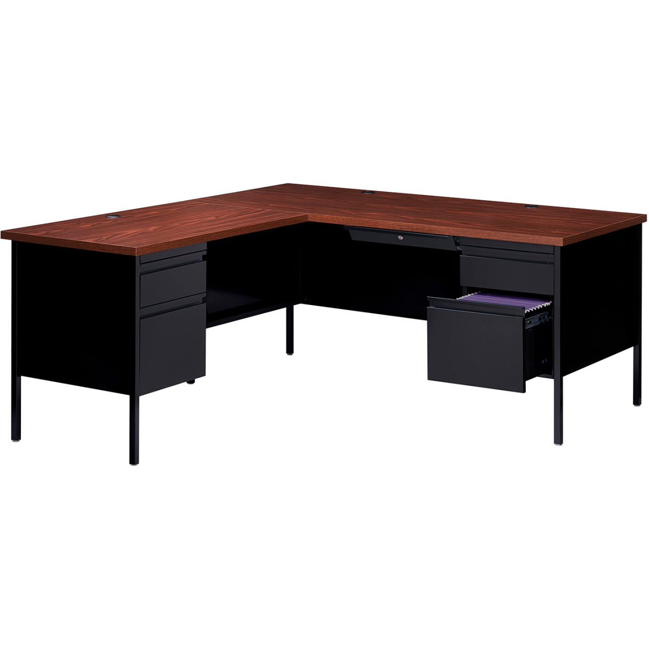 Steel Desk L Shape w/ Left Return, 72"W x 66"D, Walnut Top w/ Black Frame