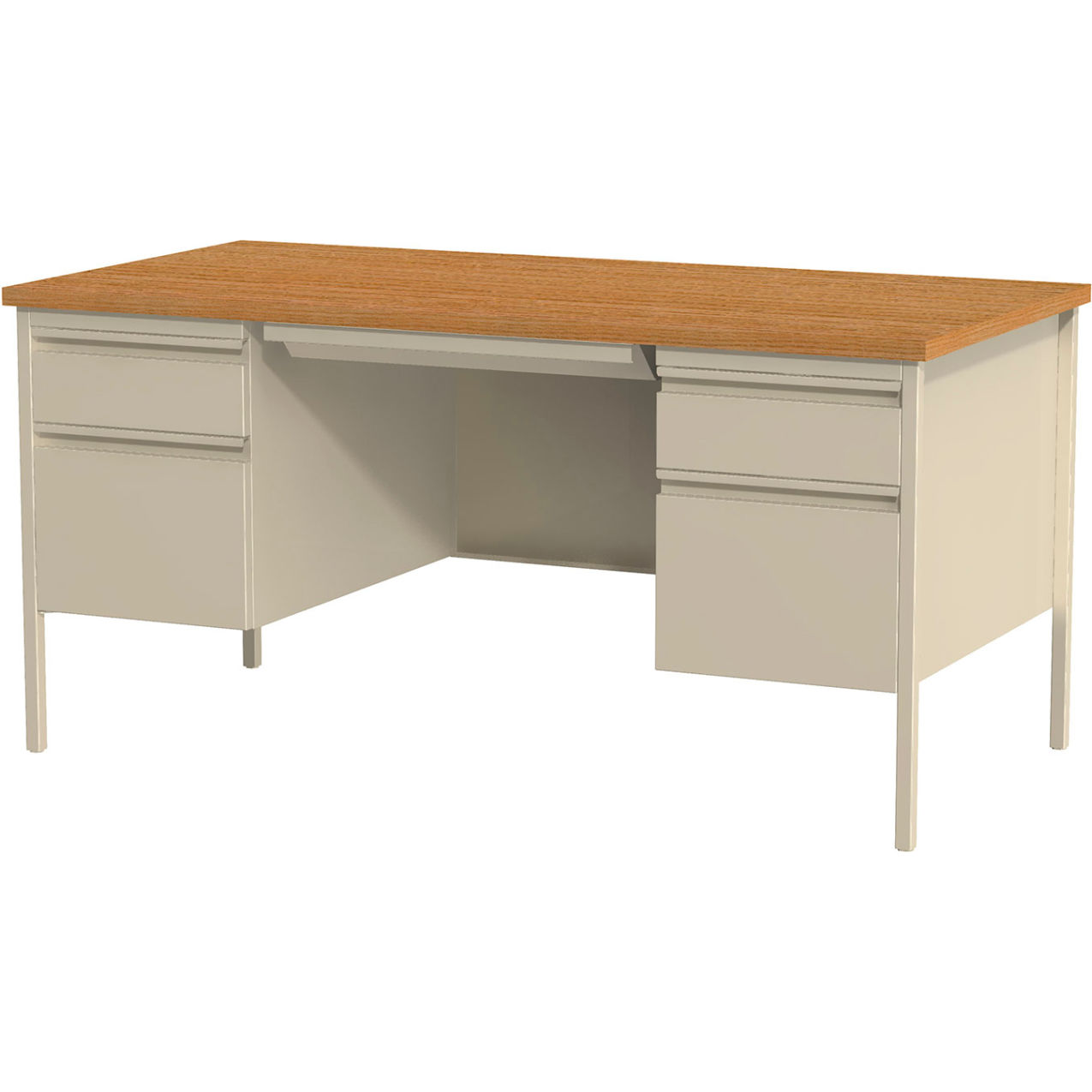 Steel Teacher's Desk, Double Pedestal, 5 Drawers, 60"W x 30"D, Oak Top w/ Putty Frame