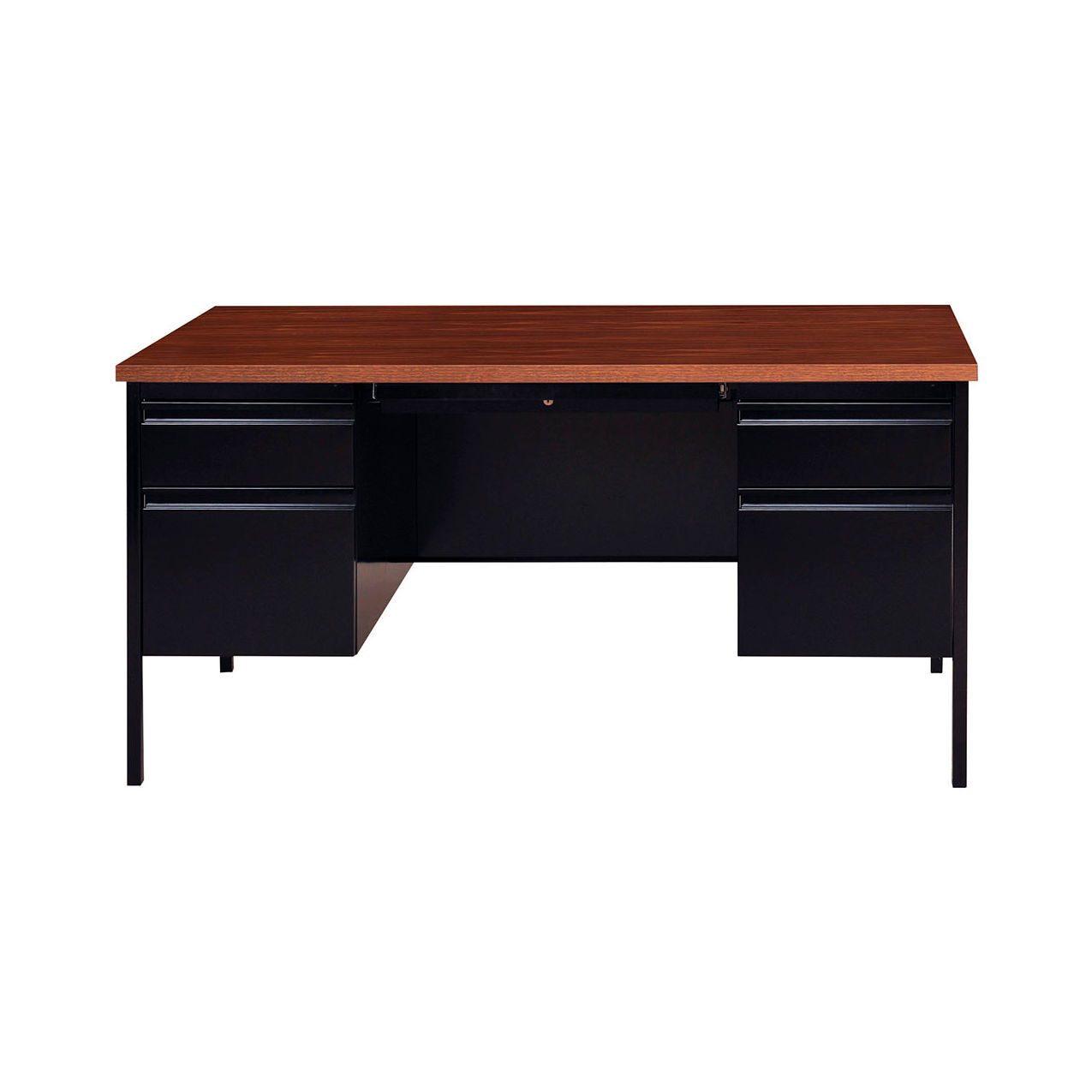 Steel Desk, Double Pedestal, 5 Drawers, 60"W x 30"D, Black/Walnut