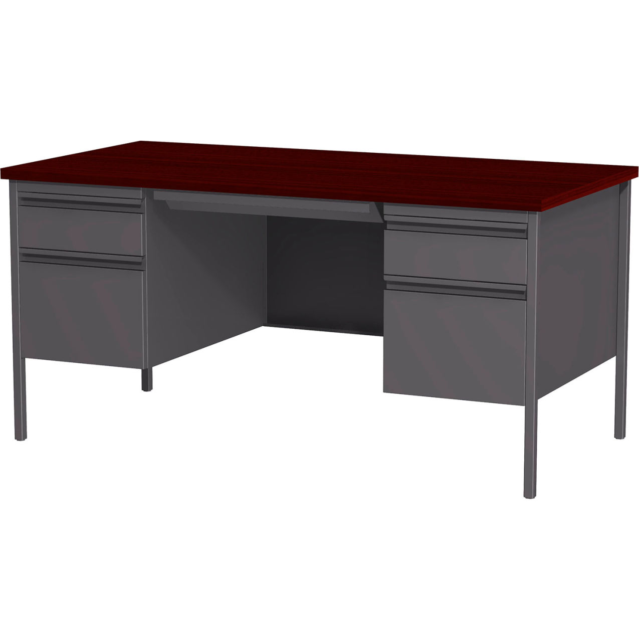 Steel Desk, Double Pedestal, 5 Drawers, 30"D x 60"W, Mahogany