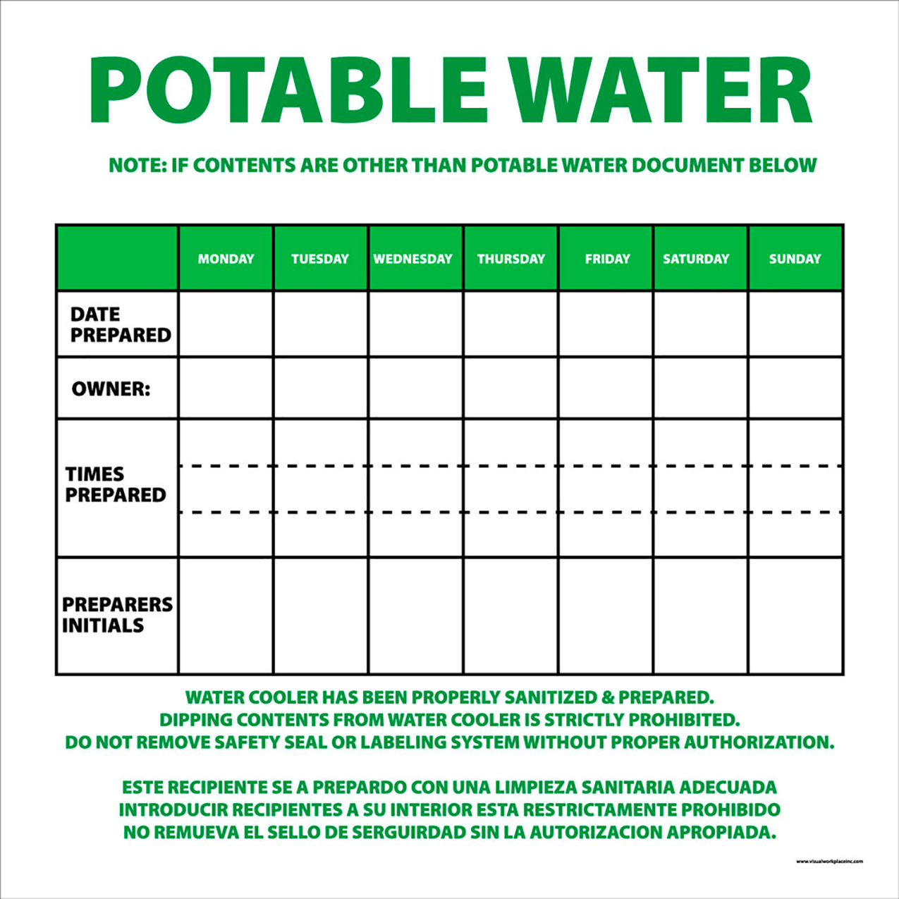 Magnetic Dry Erase Overlay Potable Water, 24"W x 24"H