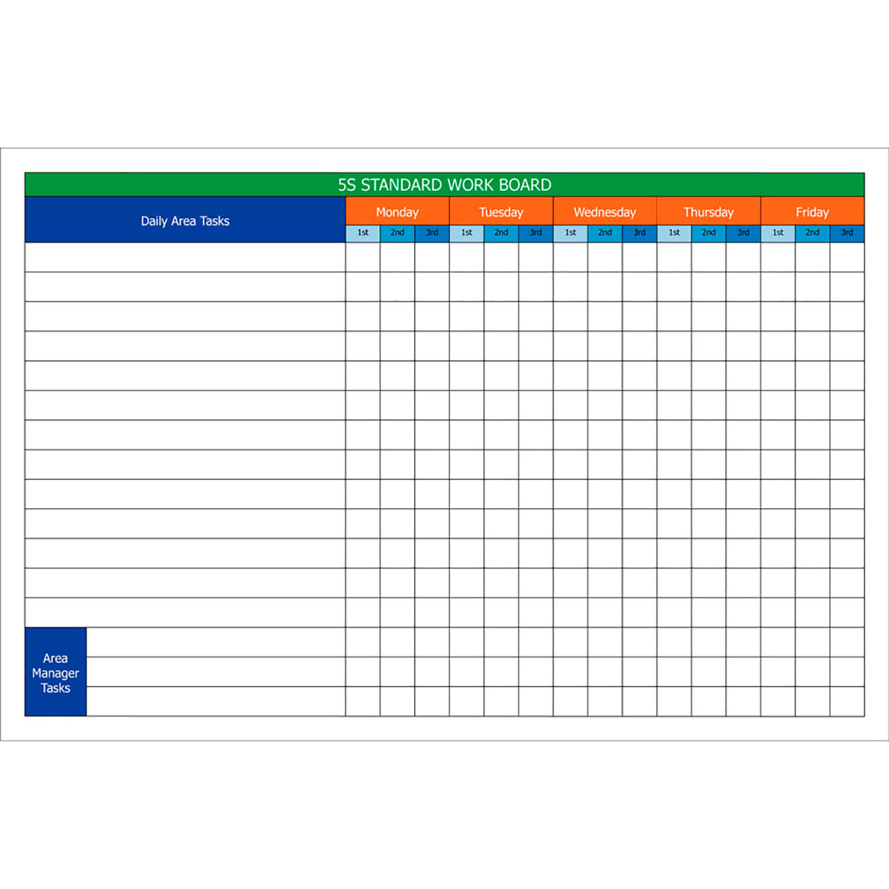 Visual Workplace Acrylic Dry Erase Board 5S Standard Work, 1/8" Thick, 36"W x 24"H