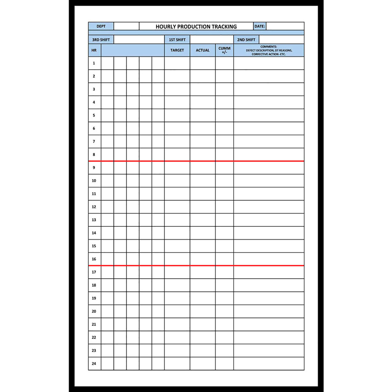 Magnetic Dry Erase Overlay Hourly Production Tracking Board, 24"W x 36"H