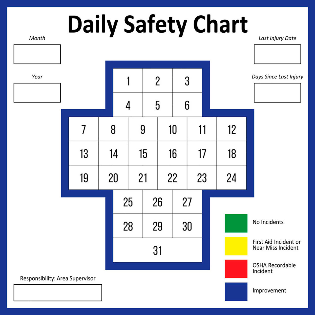 Non-Magnetic Dry Erase Overlay Daily Safety Chart, 24"W x 24"H