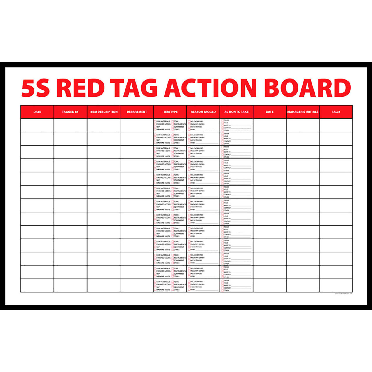 Visual Workplace Non-Magnetic Dry Erase Overlay Red Tag Action Board, 36"W x 24"H