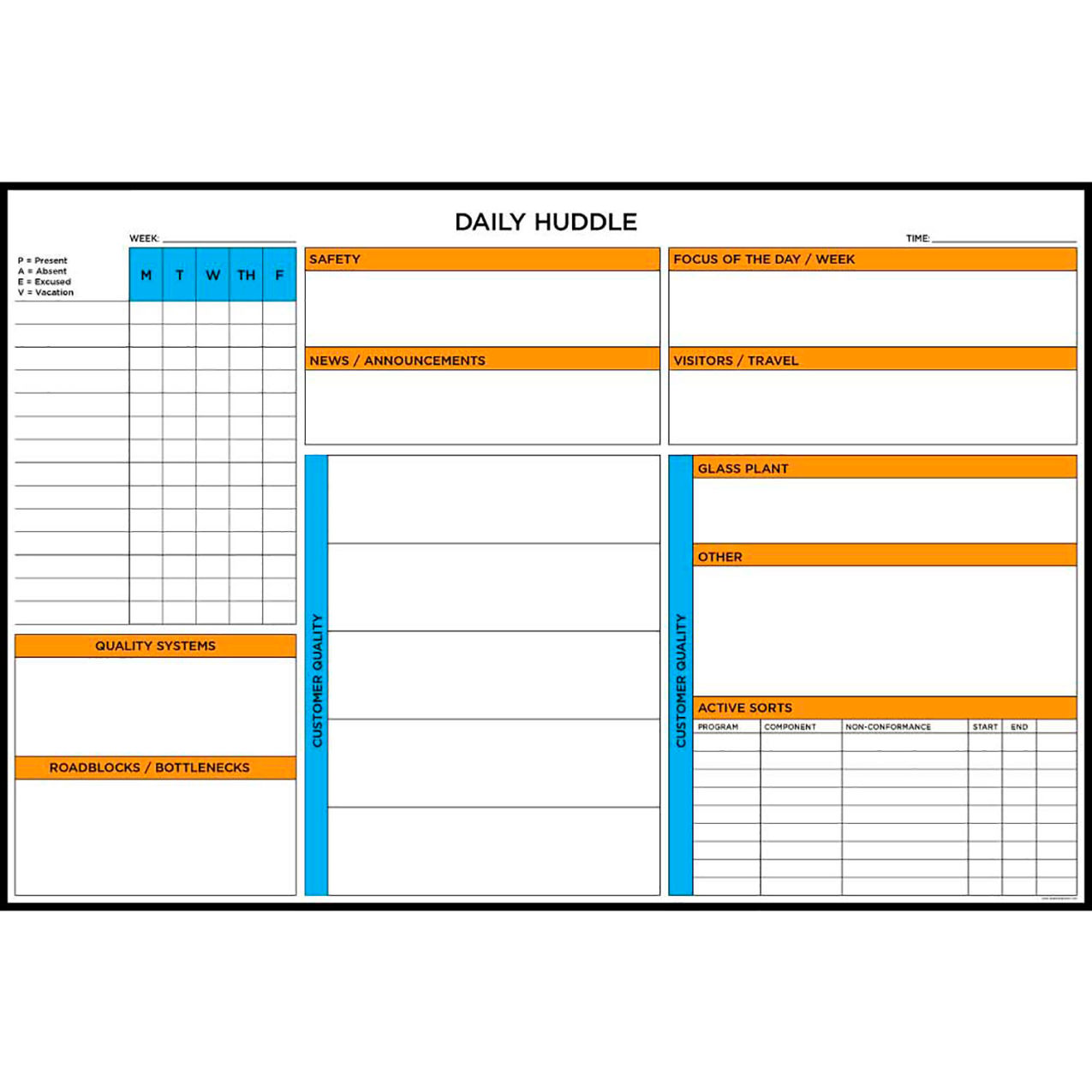Visual Workplace Magnetic Dry Erase Overlay Daily Huddle, 72"W x 48"H
