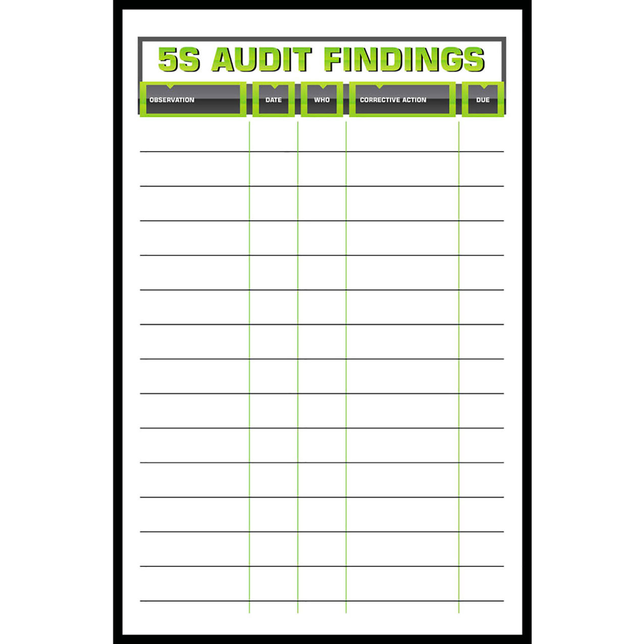 Visual Workplace Non-Magnetic Dry Erase Overlay 5S Audit Findings, 24"W x 36"H
