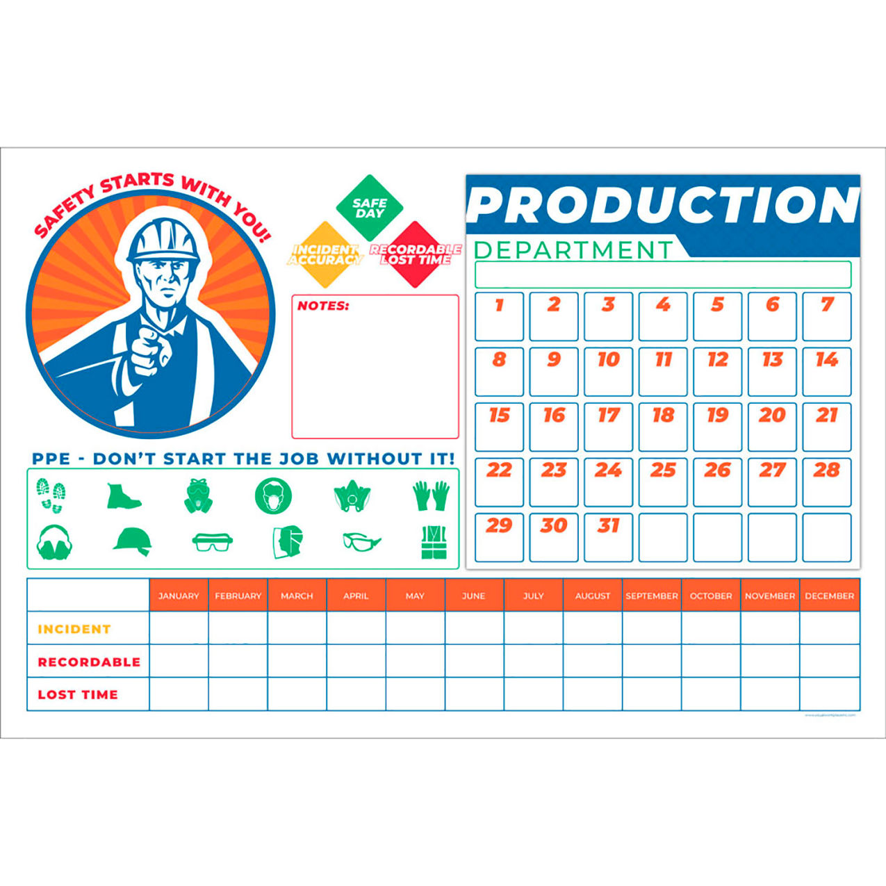 Non-Magnetic Dry Erase Overlay Safety Calendar, 36"W x 24"H