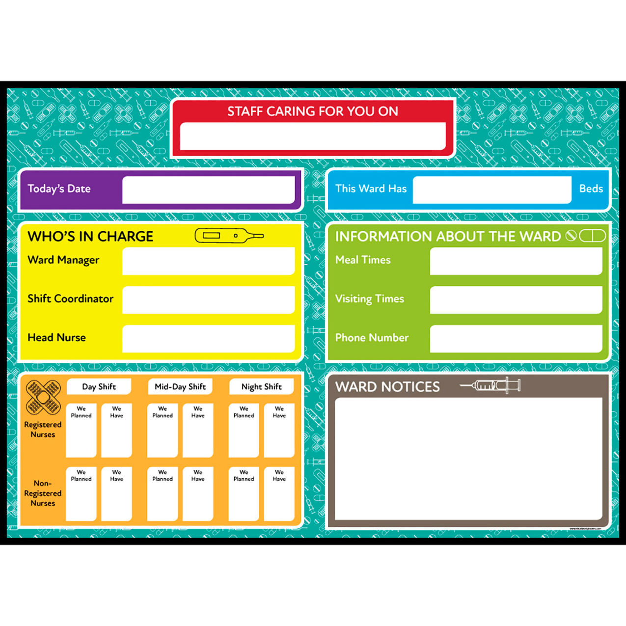 Visual Workplace Non-Magnetic Dry Erase Overlay Ward Info - Staff Caring For You 48"W x 36"H
