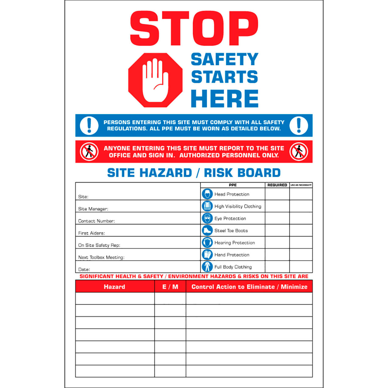 Magnetic Dry Erase Board Stop Safety Starts Here, 1/8" Thick, 24"W x 36"H
