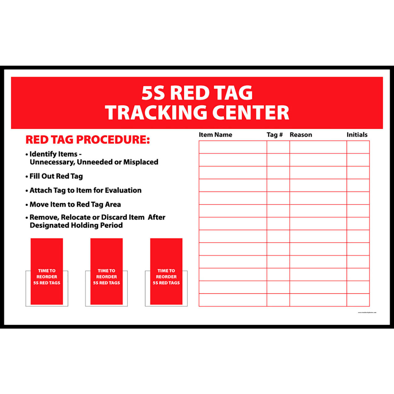 Visual Workplace Magnetic Dry Erase Board 5S Red Tag Tracking Center, 1/8" Thick, 48"W x 36"H