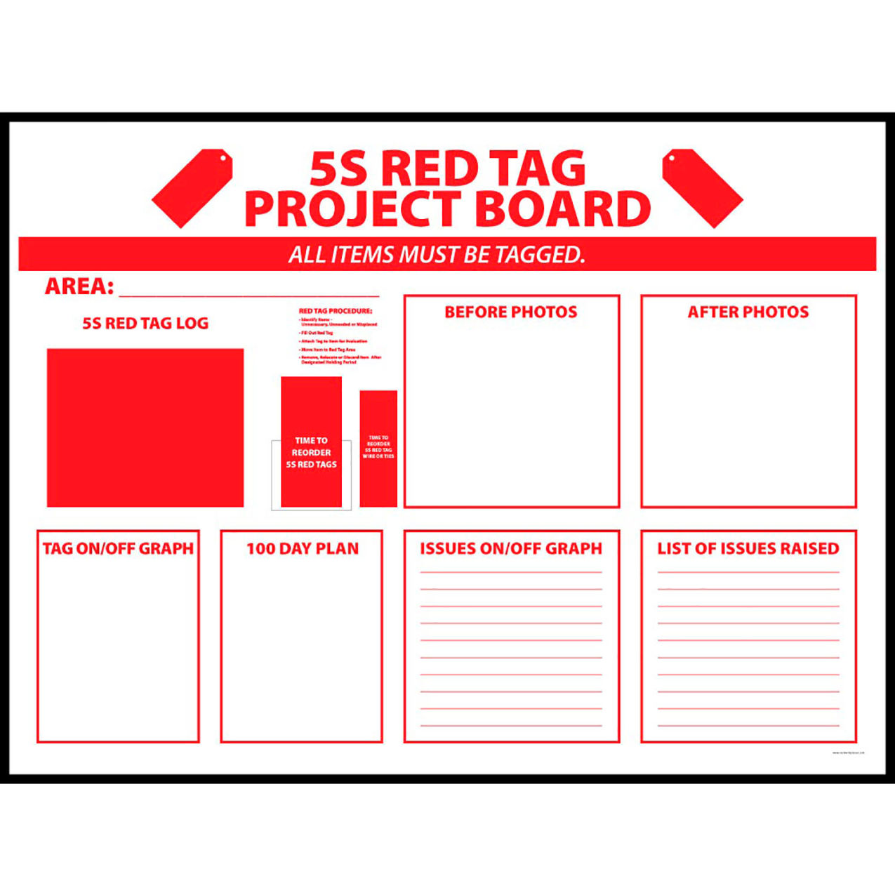 Visual Workplace Magnetic Dry Erase Board 5S Red Tag Sorting Event Actions, 48"W x 36"H