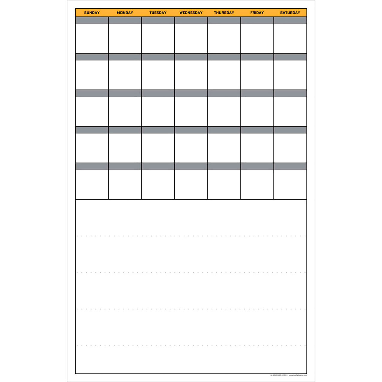 Magnetic Dry Erase Board Calendar + Notes, 1/8" Thick, 24"W x 36"H