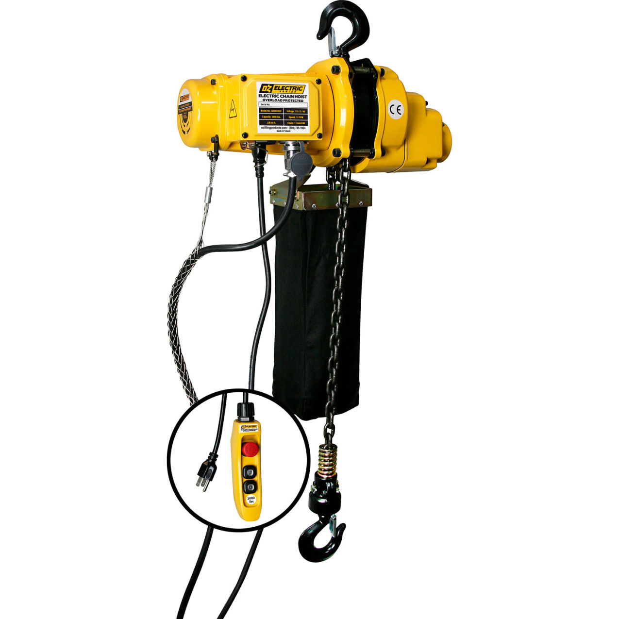 Electric Hoist, 2000 lb. Capacity, 30' Lift, 13 FPM, 115V