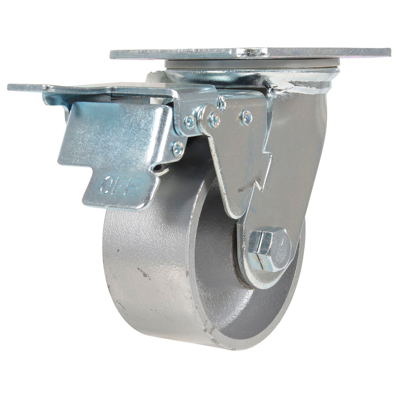 Swivel Caster 4" Dia. x 2"W with Total Brake, Cast Iron/Steel, 1100 lb. Cap., Silver