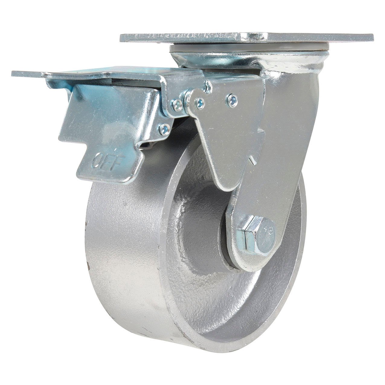 Swivel Caster 5" Dia. x 2"W with Total Brake, Cast Iron/Steel, 1320 lb. Capacity, Gray