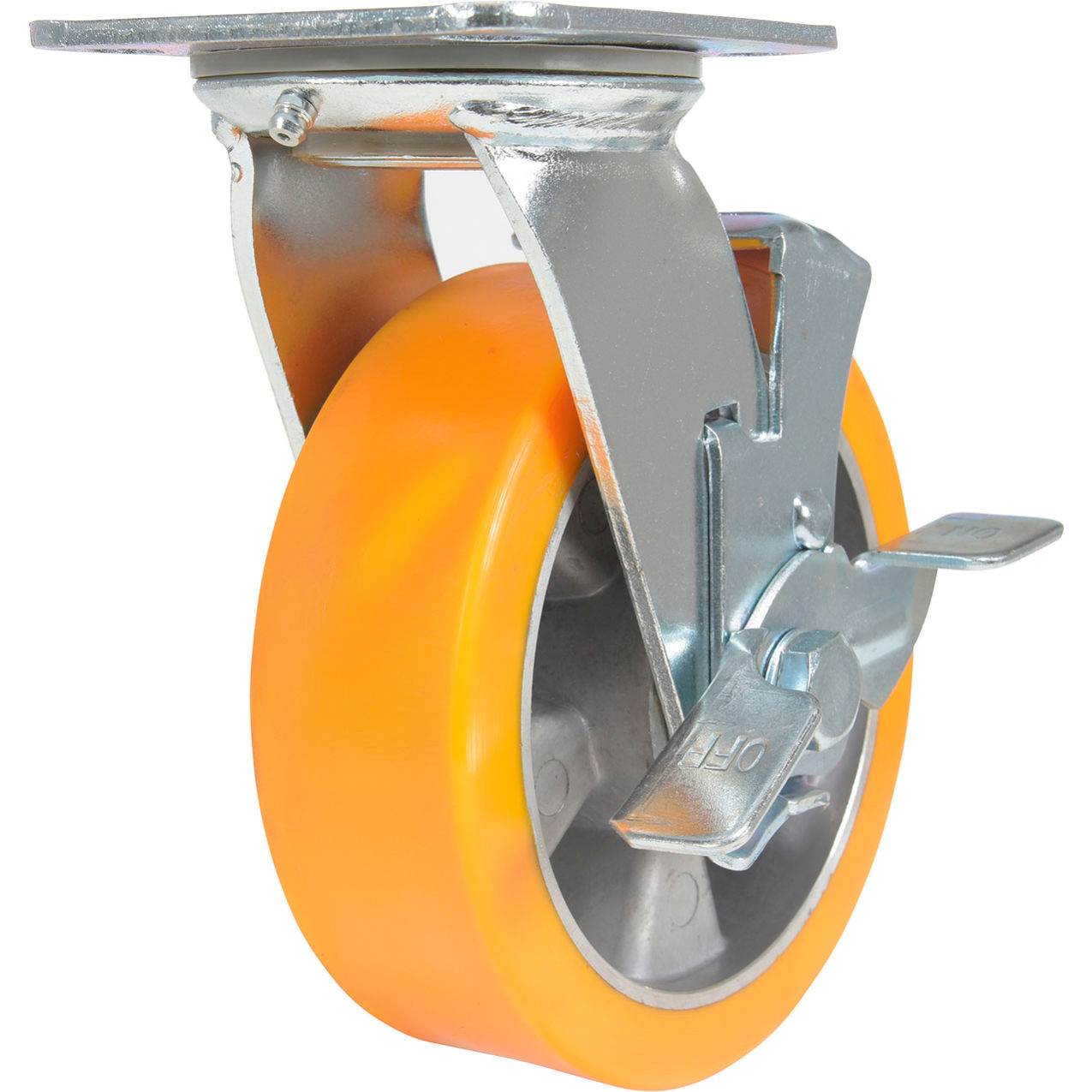 Swivel Caster 6" Dia. x 2"W with Brake, 1212 lb. Capacity, Polyurethane, Orange