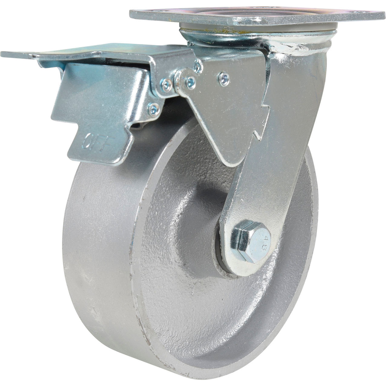 Swivel Caster 6" Dia. x 2"W with Total Brake, Cast Iron/Steel, 1540 lb. Cap., Silver