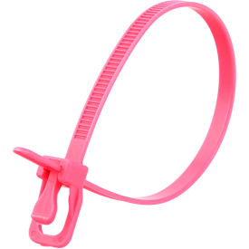 8" Releasable/Reusable Cable Ties, 50 lb. Tensile Strength, Fluorescent Pink, 100/Pack