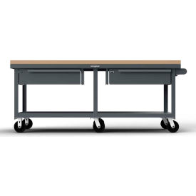 Mobile Shop Table w/ 2 Drawers, Maple Top, Shelf 84"W x 36"D x 34"H, Dark Gray