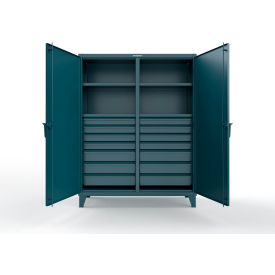 Double Shift Storage Cabinet with 14 Drawers, 12 GA, 60" W x 24" D x 78" H, Blue