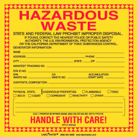 California Waste Stock PVC-Free Film Label, 6"L x 6"W, Black/Red/Yellow, Pack of 100