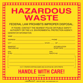 Standard Waste Stock PVCF Label, 6"L x 6"W, Black/Red/Yellow, Pack of 100