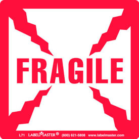 Labels with "Fragile" Print, 4"L x 4"W, Red/White, Roll of 500