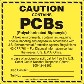 "Caution Contains PCBs" Label, 6"L x 6"W, Black/Yellow, Pack of 50