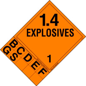 Placard Explosive Class 1.4 with Compatibility Group Tab, Black/Orange, Pack of 25
