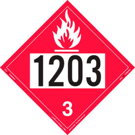 Flammable Liquid Placard, UN 1203, 10-3/4"W x 10-3/4"H, Rigid Vinyl, Pack/25