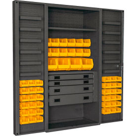 HD Cabinet, 14 Ga., 1 Fixed Shelf, 36"W x 24"D x 72"H, 52 Yellow Bins, Gray