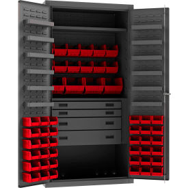 HD Cabinet, 14 Ga., 1 Fixed Shelf, 36"W x 24"D x 72"H, 52 Red Bins, Gray