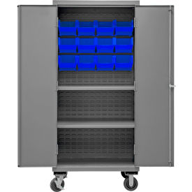 Mobile Cabinet with 2 Adjustable Shelves, 12 Blue Bins, 16 Ga., 36"W x 24"D x 81"H