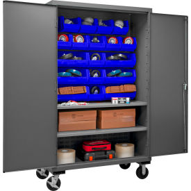 Mobile Cabinet with 2 Adjustable Shelves, 18 Blue Bins, 16 Ga., 48"W x 24"D x 81"H