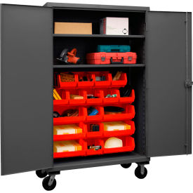 Mobile Cabinet with 2 Adjustable Shelves, 18 Red Bins, 12 Gauge, 48"W x 24"D x 81"H