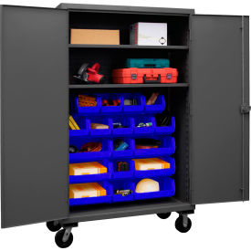 Mobile Cabinet with 2 Adjustable Shelves, 18 Blue Bins, 12 Ga., 48"W x 24"D x 81"H