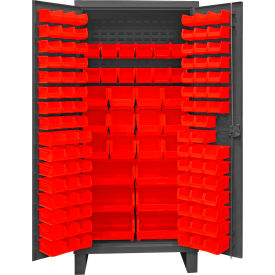Extra HD Bin Storage Cabinet, 126 Red Bins, All-Welded, 36-3/16"W x 24-1/8"D x 78"H