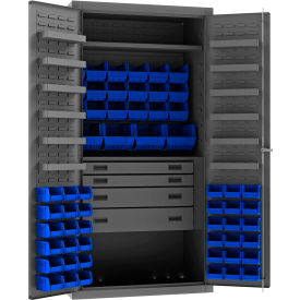 HD Cabinet, 14 Ga., 1 Fixed Shelf, 36"W x 24"D x 72"H, 58 Blue Bins, Gray
