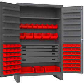 HD Cabinet, 14 Ga., 1 Fixed Shelf, 48"W x 24"D x 78"H, 72 Red Bins, Gray