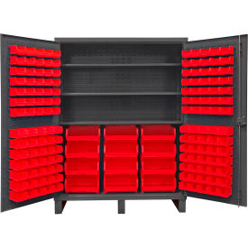 Extra HD Bin Storage Cabinet, 156 Red Bins, All-Welded, 60-3/16"W x 24-1/8"D x 78"H
