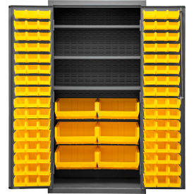 Bin Storage Cabinet, 102 Yellow Bins, All-Welded, 36"W x 24"D x 72"H