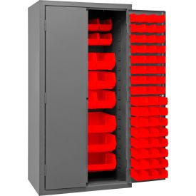 Bin Storage Cabinet, 126 Red Bins, All-Welded, 36"W x 24"D x 72"H
